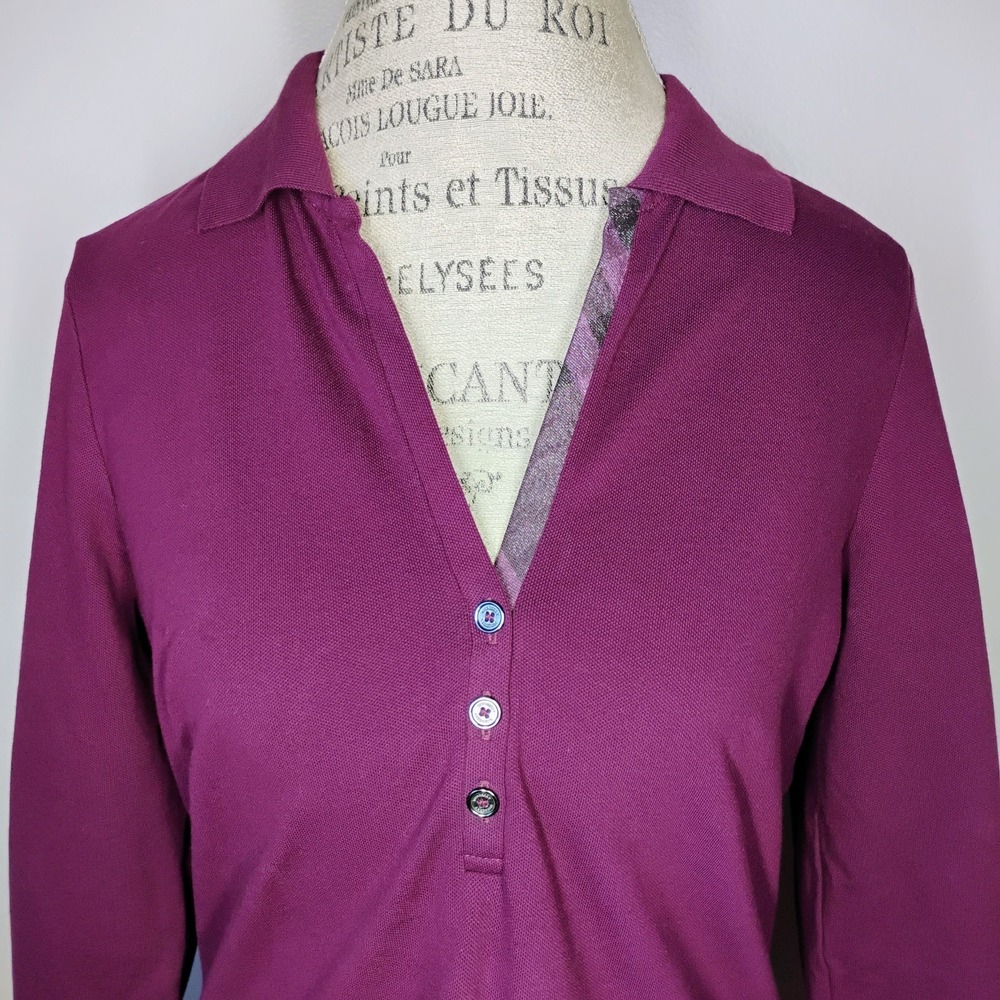 Burberry London Polo Shirt Womens XL Purple Check Trim 3/4 Sleeves Preppy Logo - Picture 2 of 9